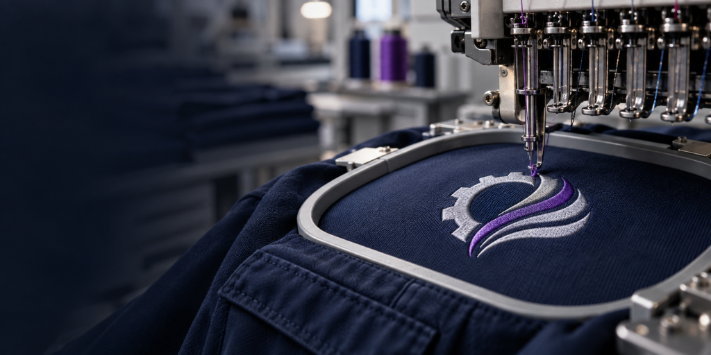 Commercial embroidery machine stitching a detailed logo onto navy workwear