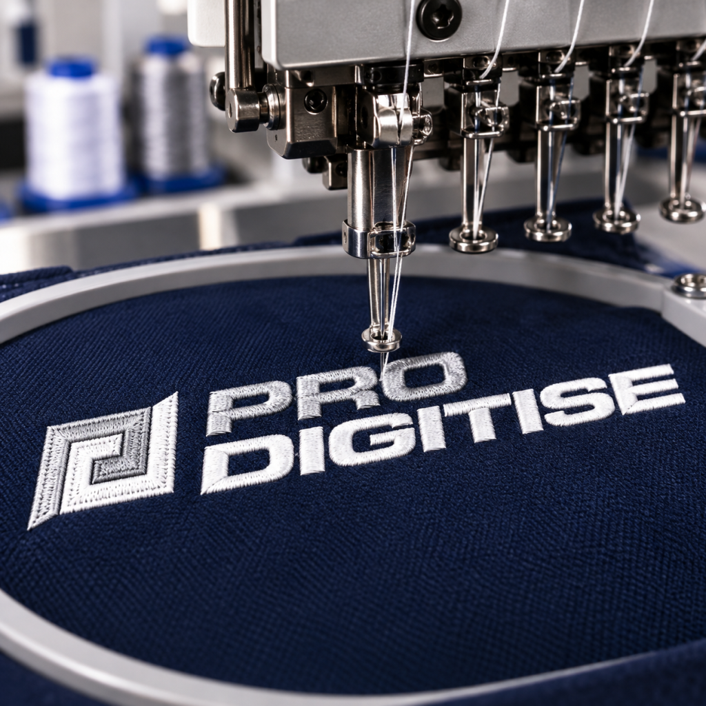 ProDigitise logo being embroidered by a professional machine